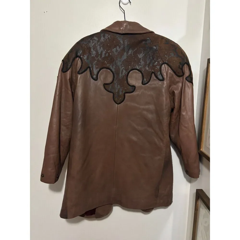 Vintage Western Faux Leather Coat Brown Yoke Blazer 80s Oversized Large Cowgirl - Picture 5 of 10